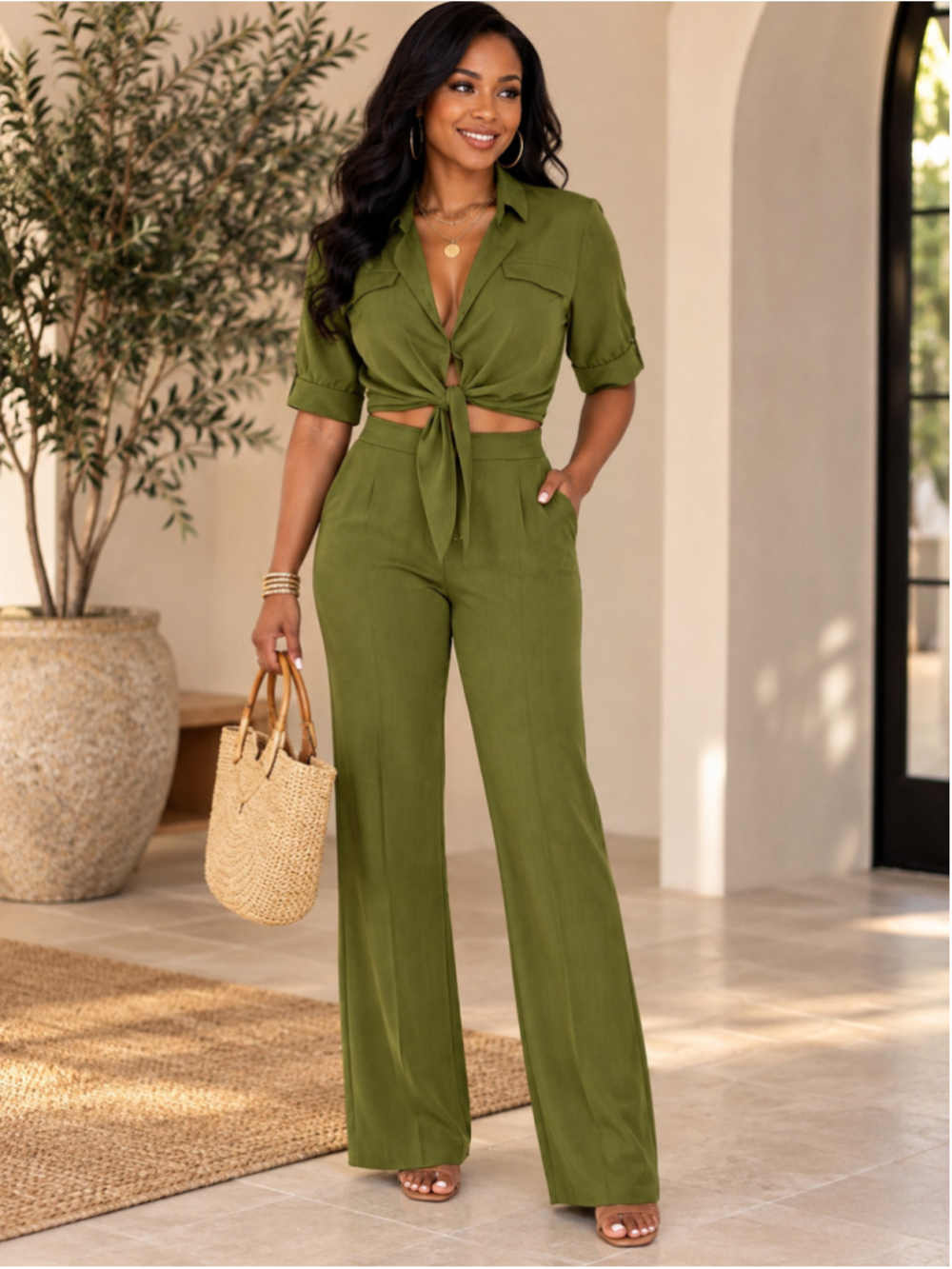 La Diosa Olive Green 2-Piece Tie-Front Crop Top & Pants Set – Size Medium